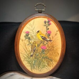 Vintage F. Massa “American Goldfinches” Oval Wood Plaque